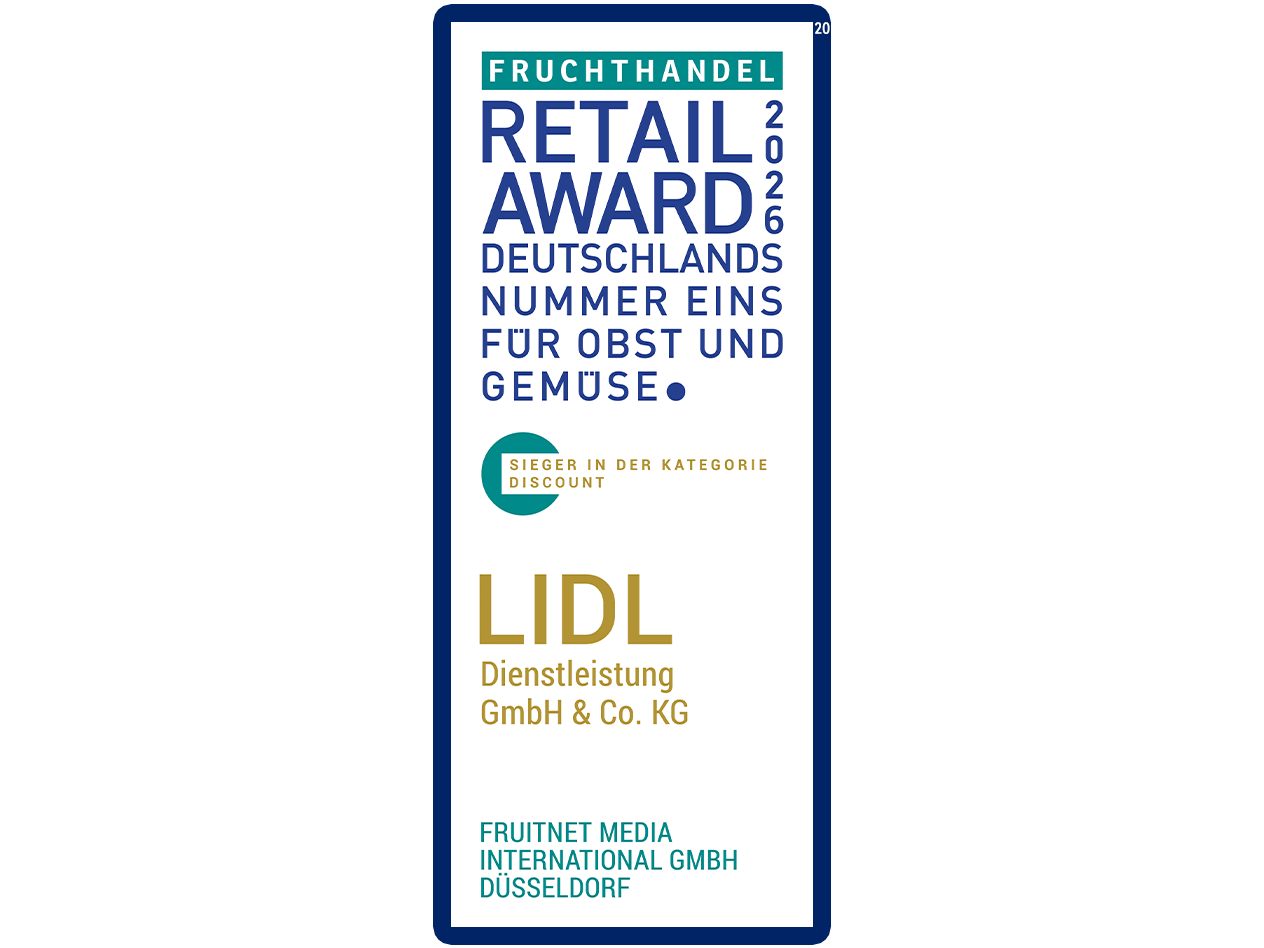 Fruchthandel Retail Award 2026: Deutschlands Nummer Eins für Obst und Gemüse: Lidl (20). Sieger in der Kategorie Discount. Fruitnet Media International GmbH Düsseldorf