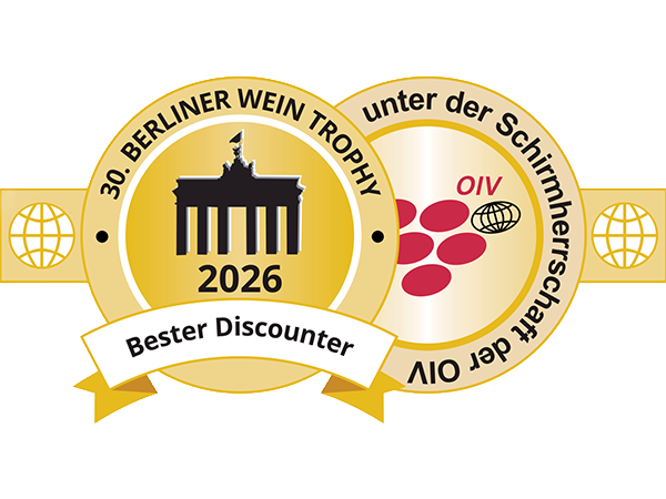 Goldenes Siegel der Berliner Wein Trophy 2026 für den besten Discounter, unter der Schirmherrschaft der OIV.