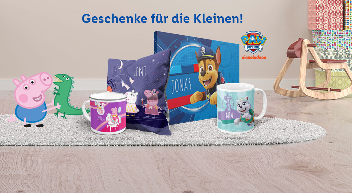 Peppa Pig und Paw Patrol Tassen, Kissen und Decken für Kinder.